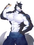  2022 5_fingers absurd_res alpha_channel anthro archermagnum black_body black_fur blue_body blue_bottomwear blue_clothing blue_fur blue_pants bottomwear canid canine canis city clothed clothing discordnight_(artist) fingers fur hand_in_pocket hi_res male mammal muscular muscular_anthro muscular_male pants pockets simple_background solo thunderrangers topless topless_anthro topless_male transparent_background white_body white_fur wolf 
