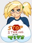  angry baseball_shirt blonde_hair blue_eyes blush breasts cleavage clothed embarrassed english glasses hair_tie huge_breasts huge_tits impossible_shirt woot 