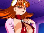  animated animated_gif bouncing_breasts breasts buttons facial_mark forehead_mark large_breasts narsha_(viper) naughty_face solo sweatdrop undressing viper viper_gt1 