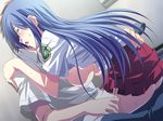  1boy 1girl blue_hair blush breasts clothed_sex covering girl_on_top imitation_lover izumi_mahiru kirisawa_iori large_breasts long_hair open_clothes open_mouth open_shirt school_uniform sex shirt sweat 