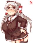  1girl amatsukaze_(kancolle) amatsukaze_(kancolle)_(cosplay) artist_logo black_panties blush breasts brown_dress brown_eyes conte_di_cavour_(kancolle) cosplay dated dress eyebrows_visible_through_hair garter_straps grey_neckerchief hair_tubes hat kanon_(kurogane_knights) kantai_collection large_breasts lifebuoy_ornament long_hair long_sleeves looking_at_viewer mini_hat neckerchief panties sailor_dress short_dress silver_hair simple_background smokestack_hair_ornament solo underwear white_background windsock 