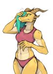  anthro bodily_fluids bra clothed clothing dragon female guoh hi_res meme navel simple_background solo spikes spikes_(anatomy) sweat sweatdrop sweating_towel_guy towel underwear white_background wiping_forehead yastara_(kobold_adventure) yellow_body 