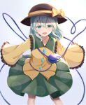  1girl :d bangs black_headwear blouse blush buttons collared_blouse diamond_button eyeball eyebrows_behind_hair feet_out_of_frame floral_print frilled_shirt_collar frilled_sleeves frills green_eyes green_skirt hat hat_ribbon heart heart_of_string komeiji_koishi leaning_forward light_green_hair long_sleeves looking_at_viewer medium_hair medium_skirt open_mouth outstretched_arm ribbon rose_print simple_background skirt smile solo standing third_eye touhou wavy_hair white_background wide_sleeves yellow_blouse yellow_ribbon ys_kosato 