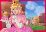  1girl androgynous artist_name bangs blonde_hair blue_eyes brick brooch building cloud crossover crown dress earrings elbow_gloves explosive eyebrows finger_to_mouth gloves grass grenade jewelry lips long_hair looking_at_viewer mario_(series) mario_+_rabbids_kingdom_battle momozuki_255 pink_dress princess princess_peach rabbid raving_rabbids rubber_duck signature skyscraper tiara white_gloves 