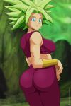  1girl aqua_eyes ass blurry blurry_background blush breasts cowboy_shot crop_top dragon_ball dragon_ball_super earrings english_commentary green_hair green_sky jewelry kefla_(dragon_ball) krabby_(artist) large_breasts legendary_super_saiyan looking_at_viewer looking_back midriff outdoors potara_earrings sky smile solo spiked_hair super_saiyan toned 