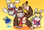  1girl 3boys androgynous animal_ears banana beep-0 charisuke chibi crossover crown donkey_kong donkey_kong_(series) earrings food fruit furry furry_male glasses highres jewelry mario_(series) mario_+_rabbids_kingdom_battle multiple_boys necktie no_humans rabbid rabbid_cranky rabbid_peach rabbit_ears raving_rabbids robot shadow simple_background sweatdrop tiara yellow_background 