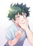  1boy 1other absurdres blue_shirt blush boku_no_hero_academia cheek_pinching eyebrows_visible_through_hair face_grab freckles gradient gradient_background green_eyes green_hair highres looking_at_another male_focus midoriya_izuku pinching rapiko scar scar_on_arm scar_on_hand shirt simple_background solo t-shirt white_background 