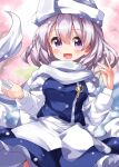  1girl breasts hat highres lapel_pin letty_whiterock light_purple_eyes light_purple_hair one-hour_drawing_challenge open_mouth ruu_(tksymkw) scarf short_hair small_breasts smile snow snowing solo touhou white_headwear white_scarf 