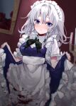  1girl absurdres apron bangs blood blood_on_clothes blue_eyes blush closed_mouth highres izayoi_sakuya kani_nyan maid maid_apron maid_headdress solo touhou white_apron 