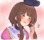  1girl bangs blunt_bangs blush brown_hair cropped_torso dress flying_sweatdrops ginnkei half-closed_eyes hand_up hat nishida_satono open_mouth pink_background purple_eyes short_hair_with_long_locks sidelocks solo tate_eboshi touhou upper_body 