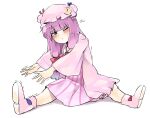  1girl bangs blunt_bangs blush boots bow capelet dress eyebrows_visible_through_hair failure full_body ginnkei hat highres long_hair mob_cap one_eye_closed patchouli_knowledge pink_dress pink_footwear purple_hair simple_background sitting solo spread_legs stretch touhou trembling v-shaped_eyebrows white_background 