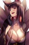  1girl :d akagi_(azur_lane) animal_ears azur_lane bangs black_gloves blunt_bangs blush breasts brown_hair cleavage collarbone commentary_request eyebrows_visible_through_hair eyeshadow fang fox_ears fox_girl fox_tail gloves hand_on_own_cheek hand_on_own_face large_breasts long_hair long_sleeves looking_at_viewer makeup multiple_tails omochimochi open_mouth partially_fingerless_gloves red_eyes smile solo tail upper_body wide_sleeves 