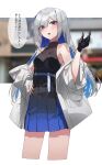  1girl absurdres alternate_breast_size amane_kanata asymmetrical_bangs asymmetrical_hair bangs belt black_gloves blue_belt blue_hair blunt_bangs blurry blurry_background blush breasts cleavage collarbone colored_inner_hair cropped_legs dress eyebrows_visible_through_hair gloves grey_hair grey_jacket hair_over_one_eye hand_on_hip hand_up highres hololive jacket korogoro_(mago0057) long_bangs long_hair looking_at_viewer medium_breasts multicolored_hair off_shoulder open_mouth pink_hair pleated_dress purple_eyes short_dress single_glove sleeveless sleeveless_dress solo streaked_hair translated v-shaped_eyebrows virtual_youtuber 
