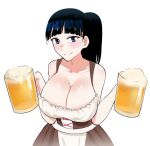  1girl alcohol beer beer_mug black_hair blue_eyes breasts brown_dress cleavage cup drawfag dress dual_wielding ebino_mei hatsukoi_zombie highres holding large_breasts looking_at_viewer mug oktoberfest ponytail simple_background sketch smile solo standing thick_eyebrows white_background 