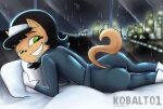  anthro bed bodysuit butt city cityscape clothing domestic_cat felid feline felis female furniture grin hi_res kitty_katswell kobaltoco looking_at_viewer lying mammal nickelodeon on_bed on_front raining skinsuit smile solo t.u.f.f._puppy tight_clothing 