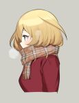  1girl bangs blonde_hair blue_eyes breath brown_scarf coat commentary cropped_torso enpera fringe_trim from_side girls_und_panzer grey_background looking_to_the_side medium_hair messy_hair oshida_(girls_und_panzer) plaid plaid_scarf portrait red_coat scarf simple_background solo tan_(inka) winter_clothes 