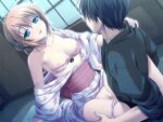  1boy 1girl :d alpha_(yukai_na_nakamatachi) bangs black_hair black_kimono blonde_hair bra bra_pull breasts brown_eyes censored clothes_pull collarbone dutch_angle eyebrows_visible_through_hair floral_print futon game_cg girl_on_top hair_between_eyes hand_on_another&#039;s_shoulder hetero indoors japanese_clothes kimono kuroda_yuuki kusaka_aina looking_at_another medium_breasts mosaic_censoring nipples off_shoulder open_clothes open_kimono panties panties_around_one_leg penis pink_bra print_kimono shiny shiny_hair short_hair smile straddling tied_hair underwear upright_straddle vaginal w.l.o_sekai_ren&#039;ai_kikou white_kimono white_panties 