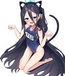  1girl absurdly_long_hair absurdres animal_ears arisu_(blue_archive) barefoot black_hair blue_archive blue_eyes breasts cat_ears cat_tail highres long_hair name_tag new_school_swimsuit one_side_up paw_pose salukino school_swimsuit simple_background small_breasts smile solo swimsuit tail very_long_hair white_background 