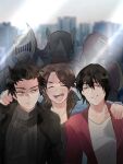  3boys akiyama_ren arm_around_shoulder bat black_shirt blue_eyes brown_hair city cityscape closed_eyes dragon dual_persona friends grey_sweater jacket kamen_rider kamen_rider_knight kamen_rider_raia kamen_rider_ryuki kamen_rider_ryuki_(series) kidou_shinji mirror mirror_image multiple_boys ni_celery_pk red_armor red_eyes red_jacket reflection ribbed_sweater shirt short_hair smile smirk spiked_hair stingray sweater tezuka_miyuki white_shirt 