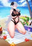  1girl absurdres arm_under_breasts azur_lane bangs beach black_flower black_rose black_swimsuit bottle breasts cleavage clothing_cutout crossed_bangs day flower graf_zeppelin_(azur_lane) graf_zeppelin_(beachside_urd)_(azur_lane) hair_flower hair_ornament highres huge_breasts impossible_clothes impossible_swimsuit long_hair looking_at_viewer manjuu_(azur_lane) navel_cutout ocean one-piece_swimsuit pink_flower red_eyes red_flower rose sand silver_hair smiling_embassies solo starfish summer swimsuit taut_clothes taut_swimsuit very_long_hair white_flower wrist_straps 