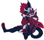  anthro biped black_body black_fur black_inner_ear black_tail digital_media_(artwork) ear_piercing ear_ring ear_tuft eyes_closed facial_markings fangs fur grey_body grey_ears grey_fur hair happy head_markings horn male markings neash pawpads piercing red_body red_fur red_hair red_horn red_nose red_pawpads red_tail short_horn sitting small_horn smile solo stud_piercing tuft 