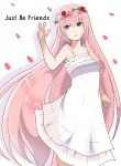  1girl absurdly_long_hair absurdres aqua_eyes artist_request bare_arms bare_shoulders dress eyebrows_visible_through_hair head_wreath highres just_be_friends_(vocaloid) long_dress long_hair megurine_luka nose pale_skin petals pink_hair solo song_name spaghetti_strap very_long_hair vocaloid white_dress 