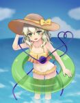  1girl :d arm_up bangs bare_shoulders bikini blush bow breasts cloud collarbone commentary day eyeball eyebrows_behind_hair frilled_bikini frills green_eyes groin hair_between_eyes hand_on_headwear hat hat_ribbon heart heart_of_string innertube komeiji_koishi light_green_hair looking_at_viewer medium_hair navel open_mouth outdoors ribbon small_breasts smile solo standing sun_hat swimsuit third_eye touhou wading wavy_hair yellow_bikini yellow_headwear yellow_ribbon ys_kosato 