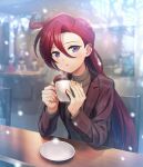  1girl bangs blazer blurry blurry_background blush brown_jacket cafe commentary_request cup hair_between_eyes highres holding holding_cup indoors jacket long_hair looking_at_viewer mug open_clothes open_jacket open_mouth plaid plaid_jacket plate precure red_hair solo takizawa_asuka tropical-rouge!_precure turtleneck yuzu_sato 