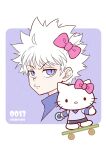  1boy 1girl annoyed bangs black_shorts bow commentary cosplay cropped_shoulders crossover english_commentary eyebrows_visible_through_hair hair_bow hello_kitty hello_kitty_(character) holding hunter_x_hunter kariki_hajime killua_zoldyck killua_zoldyck_(cosplay) layered_sleeves long_sleeves looking_at_viewer messy_hair no_mouth pink_bow purple_background purple_eyes purple_shirt shirt short_over_long_sleeves short_sleeves shorts skateboard skateboarding spiked_hair twitter_username two-tone_background white_background white_hair yo-yo 