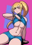  1girl bangs blue_shirt blue_shorts blush breasts clothes_lift english_commentary hair_ornament hair_scrunchie half-closed_eyes highres jam-orbital large_breasts lifted_by_self lips long_hair looking_at_viewer metroid mismatched_eyebrows mole mole_under_mouth navel no_bra samus_aran scrunchie shirt shirt_lift shorts simple_background sitting solo swept_bangs thick_eyebrows thick_thighs thighs toned underboob wristband zipper_pull_tab 