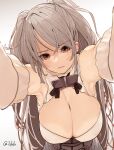  1girl armpit_cutout blush breasts brown_eyes cleavage cleavage_cutout closed_mouth clothing_cutout conte_di_cavour_(kancolle) corset dress eyebrows_visible_through_hair frilled_dress frills fuwafuwatoufu grey_dress highres kantai_collection large_breasts layered_dress long_hair long_sleeves looking_at_viewer looking_down silver_hair twitter_username two-tone_dress two_side_up white_background white_dress 