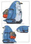  absurdres backpack bag bird caterpillar_tracks gatling_santouhei ground_vehicle highres mecha military military_vehicle motor_vehicle no_humans original penguin science_fiction shovel tank vehicle_focus white_background 