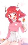  1girl branch breasts ddorong eyebrows_visible_through_hair flower food food_art hair_behind_ear hair_flower hair_ornament highres holding holding_stick kkochpin korean_commentary looking_at_viewer medium_breasts medium_hair original petals pink_sweater red_eyes red_hair skirt smile solo stick sweater tako-san_wiener white_background white_skirt 