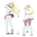  1girl ass bangs blonde_hair braid dress golf golf_club green_eyes hat highres lillie_(pokemon) long_hair microsd_(pibo) panties poke_ball pokemon ponytail simple_background skirt solo striped striped_legwear underwear visor_cap white_background 