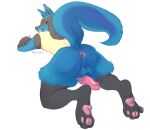  absurd_res anthro anus balls blue_body blue_fur butt canid canine canis feet fluffy fur genitals hi_res looking_at_viewer lucario lying male mammal niktarin nintendo on_front pawpads paws penis pok&eacute;mon pok&eacute;mon_(species) pokemon_(anime) red_eyes solo toes video_games 