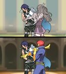  1girl 2boys amazingartistyellow armor blue_hair brown_hair cape captain_falcon chrom_(fire_emblem) dress f-zero fire_emblem fire_emblem_awakening gloves hair_ornament helmet long_hair meme multiple_boys polearm slapping sumia_(fire_emblem) super_smash_bros. thighhighs weapon will_smith_slapping_chris_rock_(meme) 