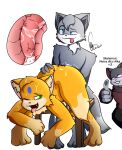  4:3 alka_(vtuber) anal anal_penetration animal_genitalia animal_penis anthro blue_eyes blush bodily_fluids canid canine canine_penis canis colored cum cum_inside digital_drawing_(artwork) digital_media_(artwork) doggystyle domestic_cat duo english_text erection felid feline felis feral fox from_behind_position full-length_portrait fur genital_fluids genitals geovani geovani_skelemon gesture green_eyes grey_body grey_fur group hair hi_res humanoid knot looking_pleasured male male/male male_penetrated male_penetrating male_penetrating_male mammal nude open_mouth oral orange_body orange_fur penetration penis portrait rangga_lucafox rimming sex signature simple_background table_sex text thumbs_up tongue tongue_out white_background white_body white_fur wolf 