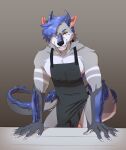  anthro apron bedroom_eyes canid canine canis claws clothed clothing cook cosmicminerals dominant dragon genitals hands_on_table hi_res hybrid lincoln male mammal muscular muscular_male narrowed_eyes nipples partially_clothed pecs penis seductive smile smirk solo teeth wolf 