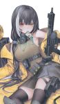  1girl bangs black_gloves black_hair black_skirt breasts dmith english_commentary feet_out_of_frame girls&#039;_frontline gloves gun heterochromia highres holding holding_gun holding_weapon id_card in_mouth jacket knee_pads lanyard long_hair looking_at_viewer lying mask mask_around_neck mod3_(girls&#039;_frontline) multicolored_hair open_clothes open_jacket pleated_skirt red_eyes ro635 ro635_(girls&#039;_frontline) skirt solo streaked_hair weapon white_background white_hair yellow_eyes yellow_jacket 