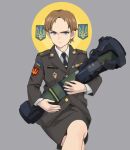  1girl black_necktie blue_eyes brown_hair closed_mouth commentary_request expressionless feet_out_of_frame highres holding holding_rocket_launcher long_sleeves looking_at_viewer military military_uniform necktie original perfect_han rocket_launcher shirt short_hair sitting skirt solo st._javelin ukraine ukrainian_flag uniform weapon white_shirt 