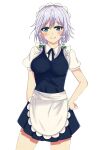  1girl apron blue_dress blue_eyes blue_ribbon breasts closed_mouth collared_shirt commentary_request cowboy_shot dress frilled_apron frills grey_hair hand_on_hip happy highres izayoi_sakuya looking_at_viewer maid maid_apron medium_breasts medium_hair puffy_short_sleeves puffy_sleeves ribbon shirt short_sleeves simple_background smile touhou vanvain waist_apron white_apron white_background white_shirt 