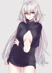  1girl absurdres ahoge arms_behind_back bangs black_sweater breasts center_opening eyebrows_visible_through_hair fate/grand_order fate_(series) grey_background hair_between_eyes highres jeanne_d&#039;arc_alter_(avenger)_(fate) jeanne_d&#039;arc_alter_(fate) large_breasts long_hair navel open_mouth ribbed_sweater shunichi silver_hair simple_background smile solo sweater thighs turtleneck turtleneck_sweater very_long_hair yellow_eyes 
