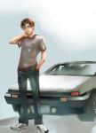  1boy bangs brown_eyes brown_hair car denim eni_(yoyogieni) fujiwara_takumi full_body ground_vehicle hair_between_eyes hand_in_pocket highres initial_d jeans motor_vehicle pants parted_bangs shirt shoes short_hair sneakers solo t-shirt white_shirt 