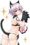  1girl animal_ears animal_hands ass bare_shoulders black_legwear black_panties blush breasts cat_ears cat_tail chestnut_mouth fate/apocrypha fate/grand_order fate_(series) from_behind gloves green_eyes highres jack_the_ripper_(fate/apocrypha) kemonomimi_mode looking_at_viewer midriff open_mouth panties paw_gloves scar short_hair shunichi silver_hair small_breasts solo tail thighhighs thighs underwear 