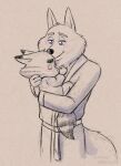  2022 anthro biped blue_eyes blush canid canine canis carrying clothing corgi_(artist) domestic_cat duo eyes_closed felid feline felis humanoid_hands illumination_entertainment jerry_(sing) jimmy_crystal mammal robe shirt sing_(movie) size_difference slightly_chubby topwear wolf 