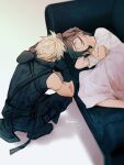  1boy 1girl blonde_hair brown_hair caress cloud_strife couch final_fantasy final_fantasy_vii final_fantasy_vii_advent_children gloves hand_on_another&#039;s_head highres long_hair lying maiii_(smaii_i) on_side shirt short_hair sleeping spiked_hair tifa_lockhart white_shirt 