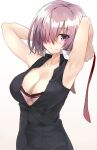  1girl armpits arms_up bra breasts cleavage closed_mouth collarbone fate/grand_order fate_(series) gradient gradient_background hair_over_one_eye highres large_breasts mash_kyrielight necktie necktie_removed pink_bra purple_eyes purple_hair shirt shunichi simple_background sleeveless sleeveless_shirt smile solo unbuttoned unbuttoned_shirt underwear 