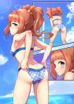  1girl absurdres armpits ass bikini bikini_pull blue_bikini blue_eyes blush breasts clothes_pull from_behind highres idolmaster idolmaster_(classic) long_hair looking_at_viewer looking_back oops orange_hair shiny shiny_hair shiny_skin small_breasts smile standing sweat swimsuit takatsuki_yayoi twintails 