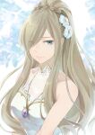  1girl bare_shoulders blue_eyes braid breasts brown_hair dress flower hair_flower hair_ornament hair_over_one_eye isa_(peien516) jewelry large_breasts long_hair pendant ponytail solo strapless strapless_dress tales_of_(series) tales_of_the_abyss tear_grants white_dress 