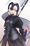  &gt;:) 1girl absurdres armor armored_dress bangs black_dress breasts capelet chain closed_mouth cowboy_shot dress fate/grand_order fate_(series) faulds flag gauntlets headpiece highres holding holding_sword holding_weapon jeanne_d&#039;arc_alter_(avenger)_(fate) jeanne_d&#039;arc_alter_(fate) medium_breasts short_hair shunichi silver_hair smile solo sword v-shaped_eyebrows weapon yellow_eyes 